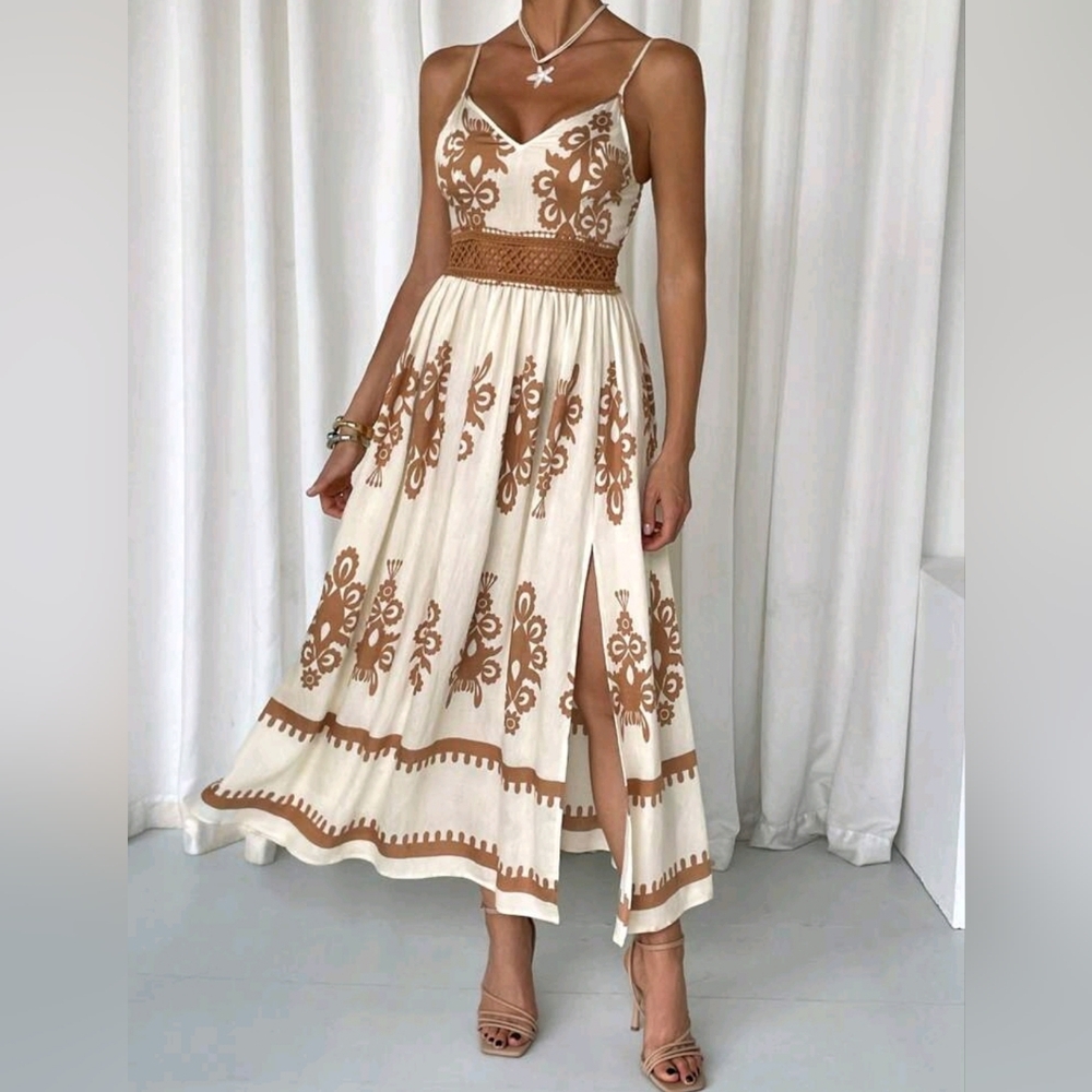 New Boho Floral Print Split Hem Cami Dress Cream Tan - Picture 6 of 9